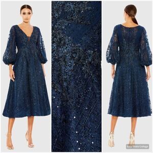 MAC DUGGAL 20391 Womens Blue Embellished Plunge Neck Bishop Sleeve Midi Dress